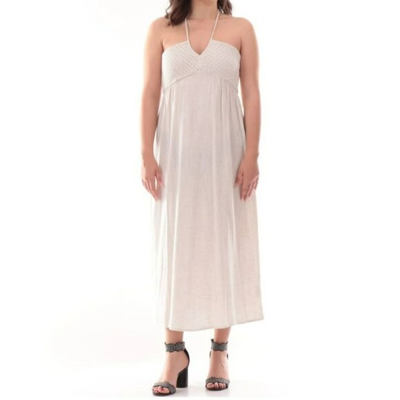 TIFFISI Beige Halter Maxi Dress With Smocked Bodice & Tie-Back Womens Size S - Picture 1 of 9